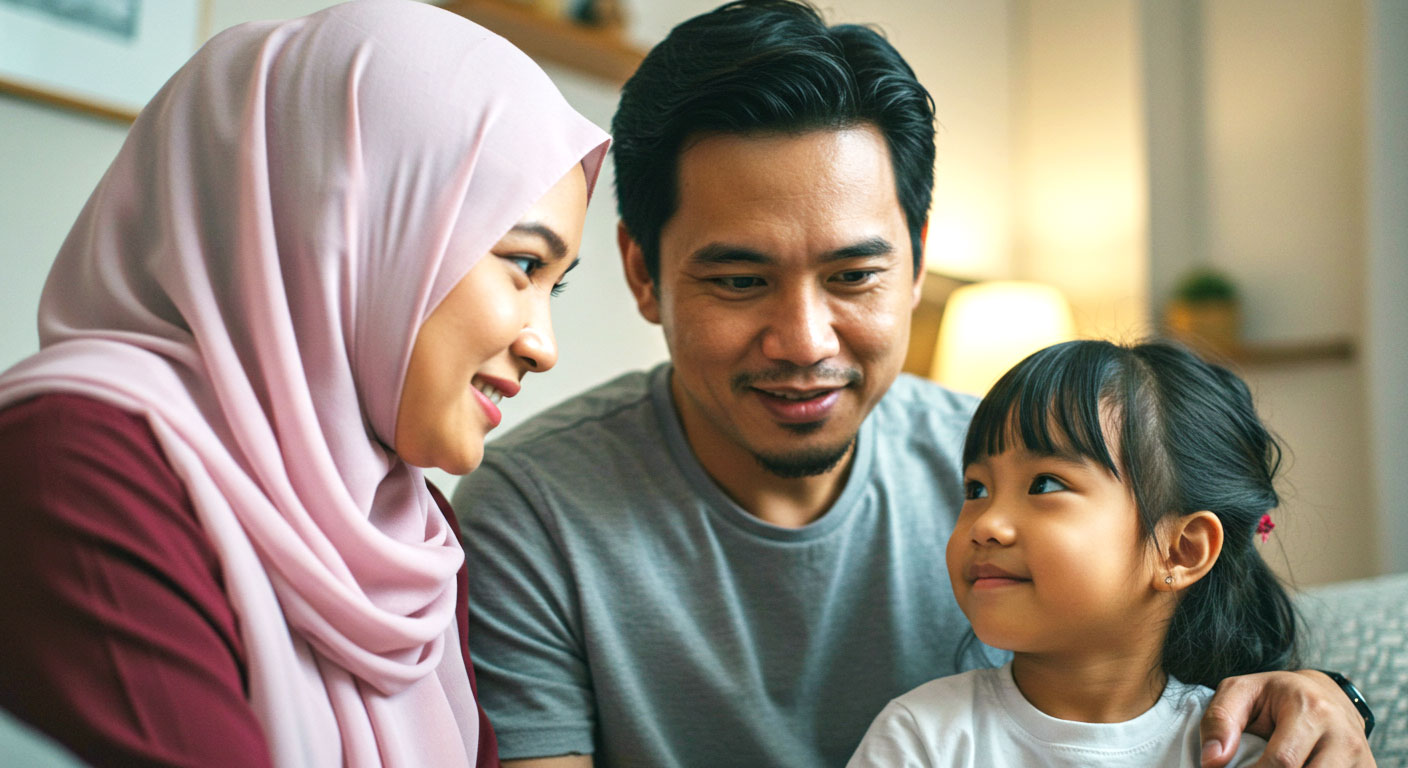 Ibu bapa sedang berkomunikasi dengan anak secara berkesan di rumah dalam suasana tenang.