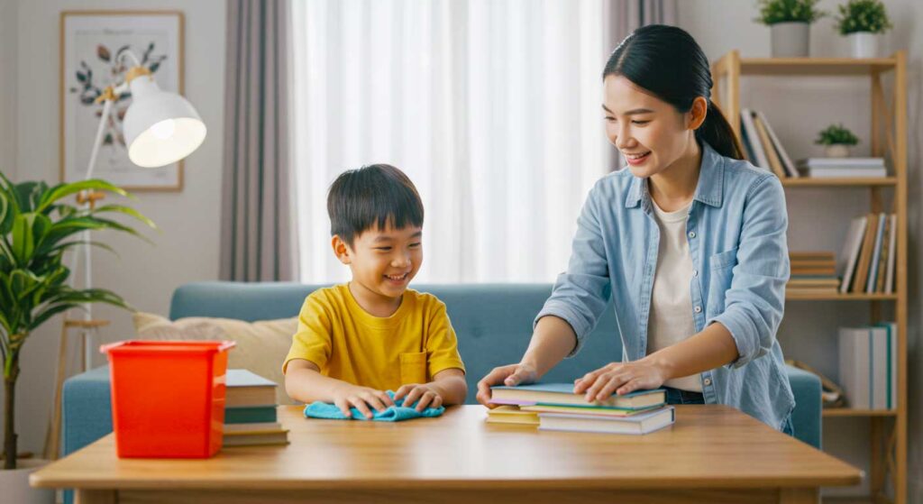 Seorang ibu sedang mengajar anaknya tentang kepimpinan sambil mengemas rumah bersama.