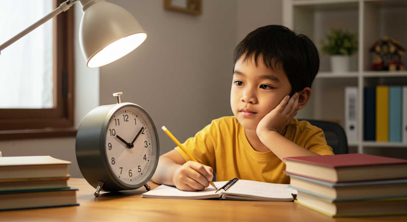 Anak sedang duduk di meja belajar sambil memandang jam dengan ekspresi berfikir, belajar mengurus masa di rumah.