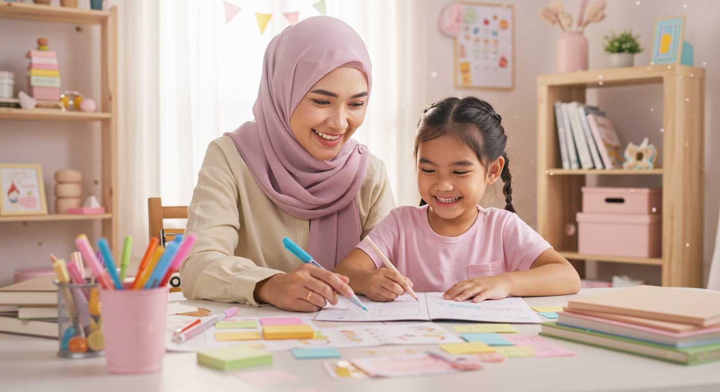 Ibu membantu anak perempuan belajar mengurus masa dengan menggunakan jadual harian di rumah.
