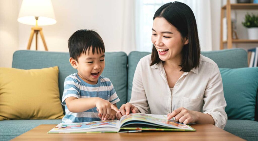 Anak membaca buku bergambar sambil bercerita kepada ibu di ruang tamu rumah.