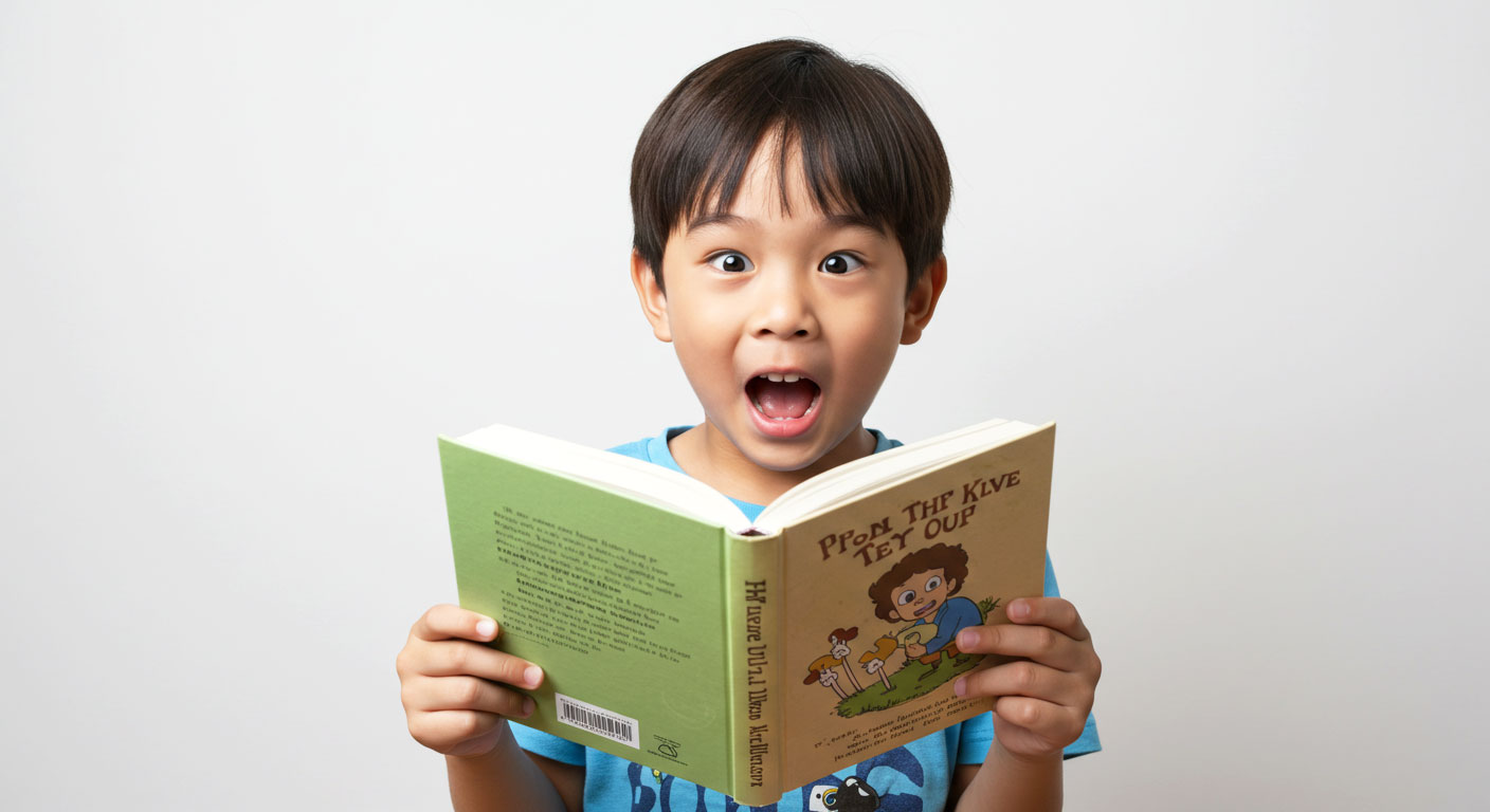 Kanak-kanak membaca buku dengan ekspresi kelakar seolah-olah mengikut watak dalam cerita.