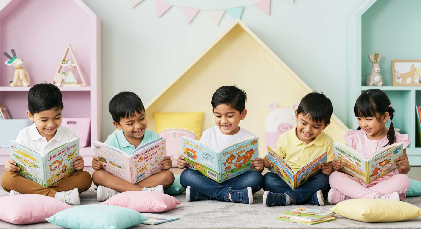 Kanak-kanak Melayu, India, dan Cina berumur 4–6 tahun membaca buku bersama di sudut bacaan bertema pastel.