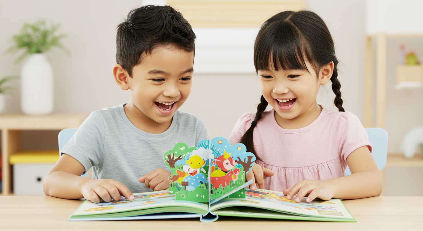 Dua kanak-kanak gembira membaca buku pop-up berwarna-warni bersama di meja.