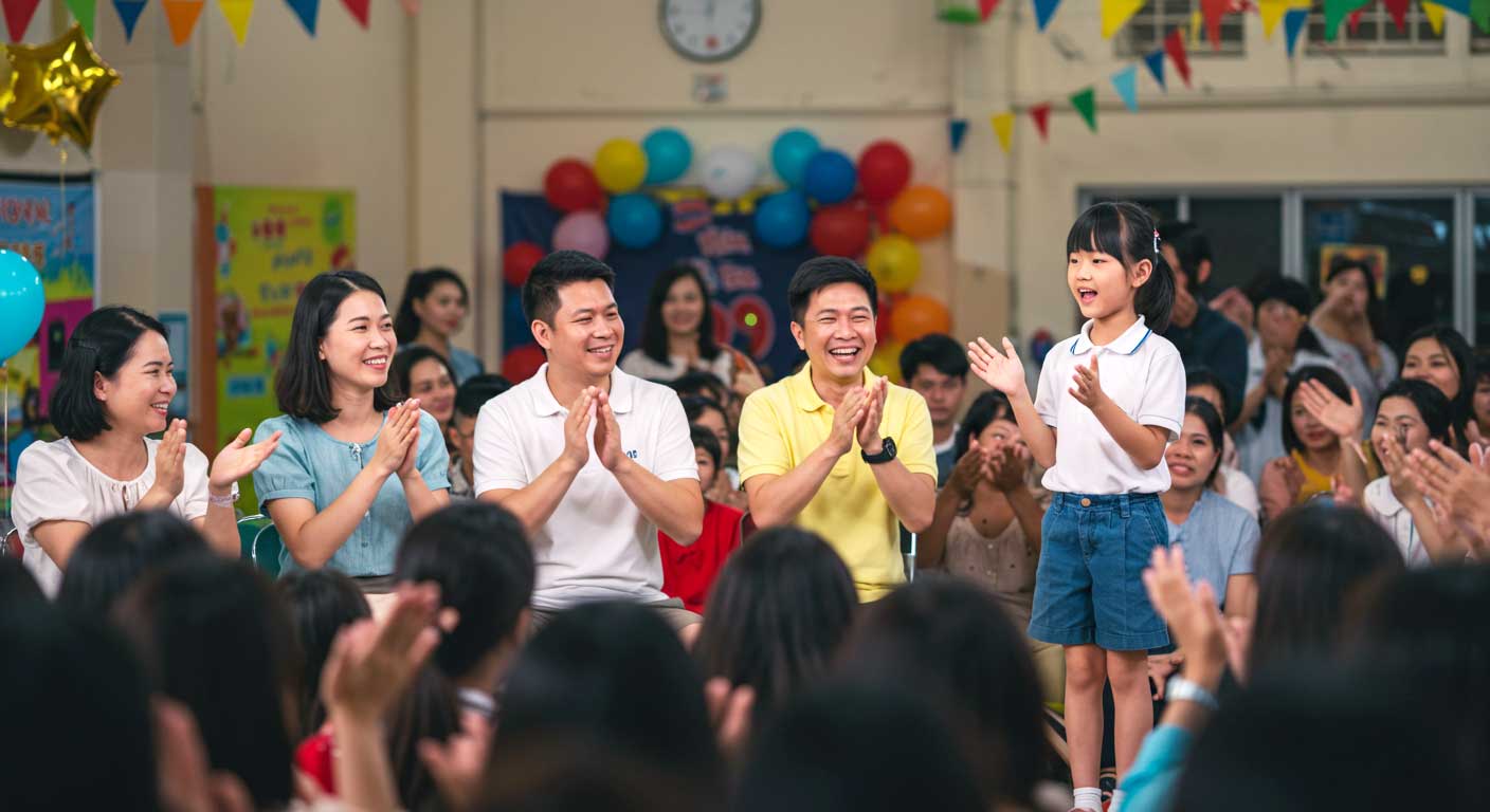 Ibu bapa gembira memberi tepukan semangat kepada anak yang bercerita di pertandingan sekolah.