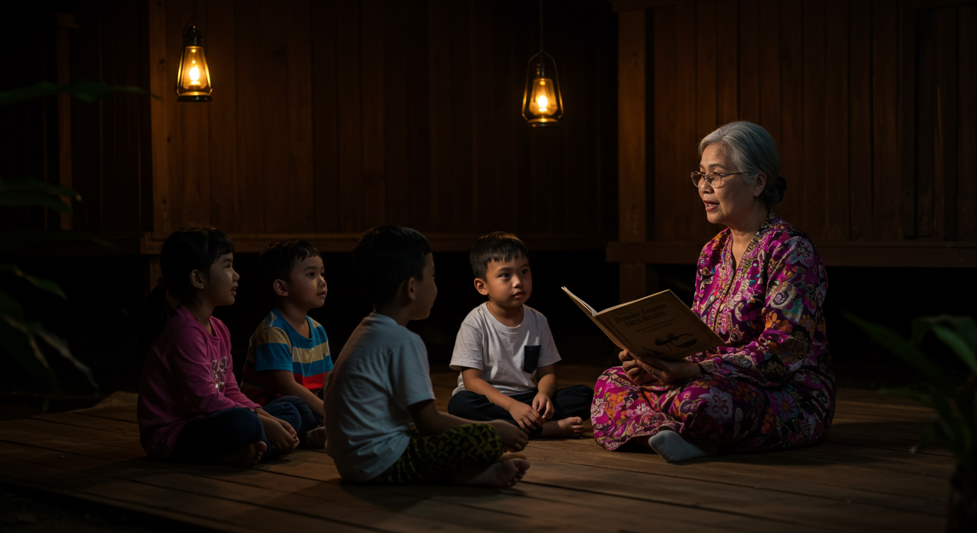 Nenek bercerita tentang kisah rakyat kepada cucu-cucu di rumah tradisional
