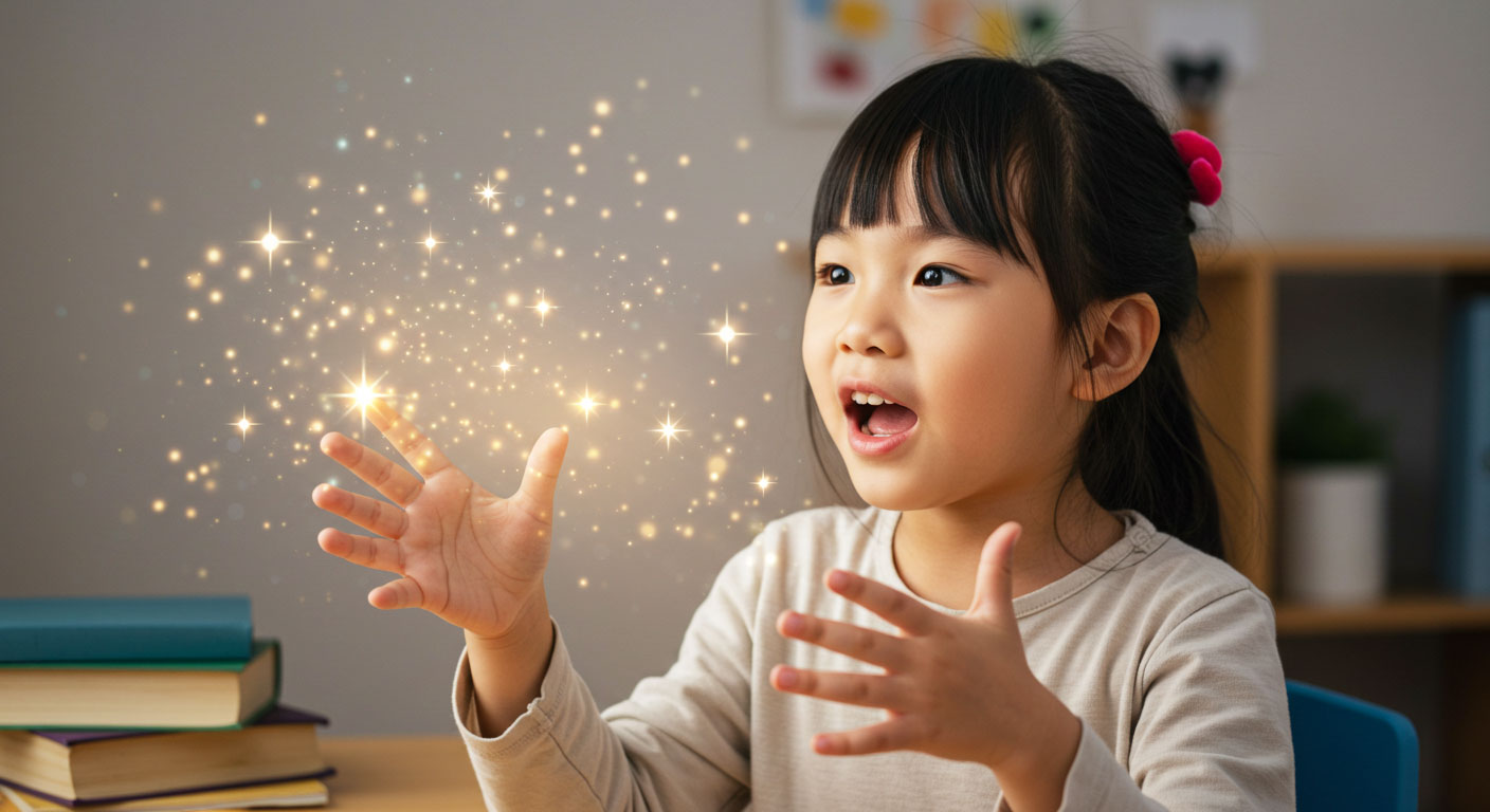 Anak bercerita dengan penuh imaginasi gaya fantasi, tangan bergerak seolah mencipta keajaiban
