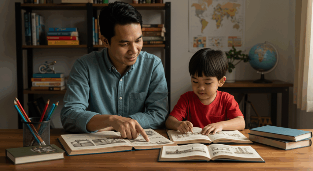 Bapa mengajar anak belajar sejarah menggunakan buku di meja belajar.