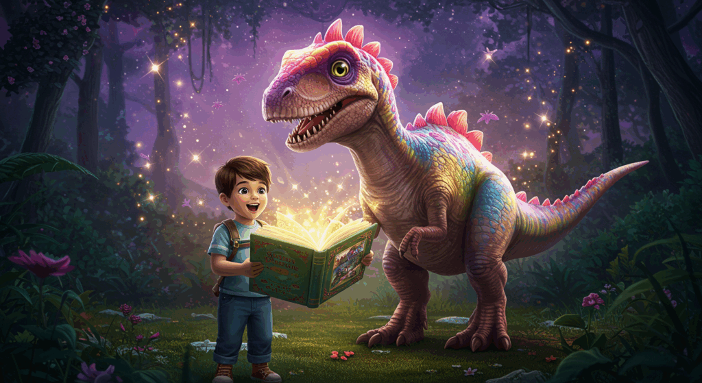 Kanak-kanak berimaginasi bersama dinosaur dalam suasana fantasi penuh warna.