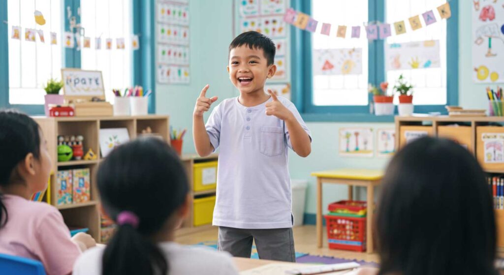 Budak lelaki Melayu berusia sekitar 6 tahun sedang bercerita di hadapan rakan-rakan dalam kelas yang ceria.