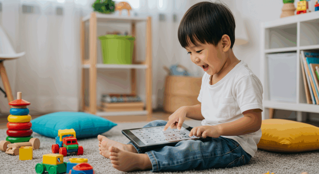 Kanak-kanak lelaki menggunakan tablet dengan aplikasi pendidikan interaktif.