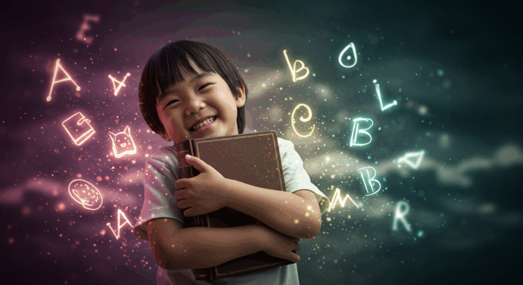 Kanak-kanak memeluk buku dengan gembira dalam suasana fantasi penuh cahaya dan warna.