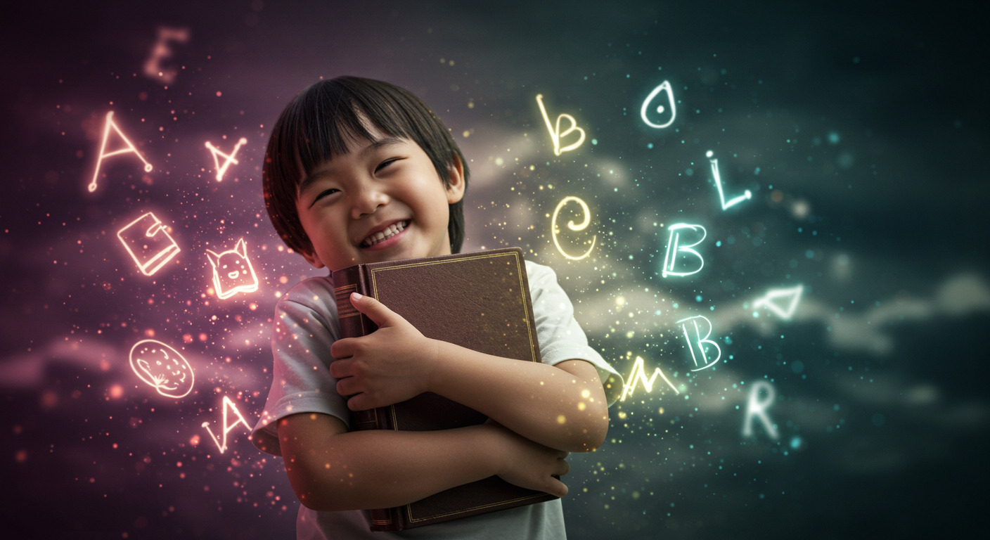 Kanak-kanak memeluk buku dengan gembira dalam suasana fantasi penuh cahaya dan warna.