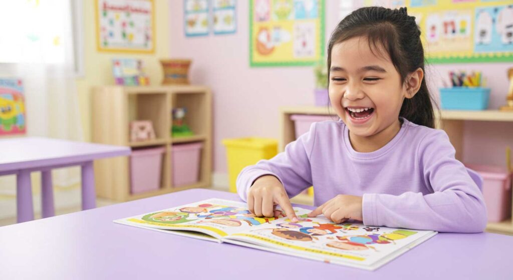 Budak perempuan ceria kerana membaca buku di rumah