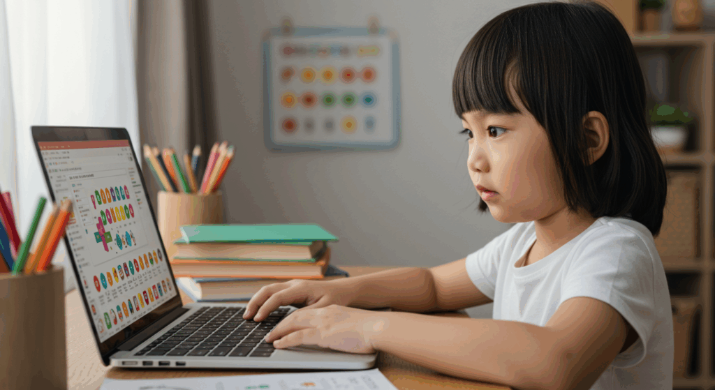 Kanak-kanak perempuan menggunakan laptop untuk aktiviti pembelajaran