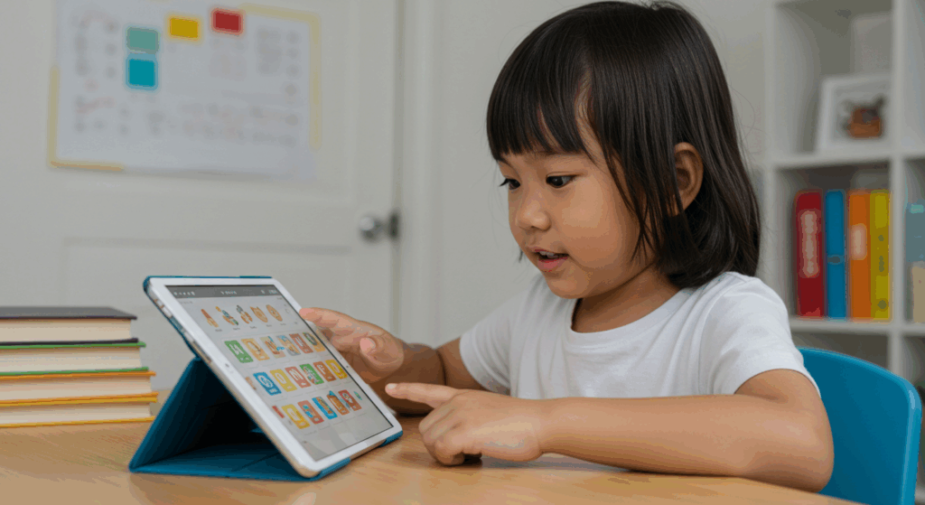 Kanak-kanak perempuan menggunakan tablet untuk aplikasi pembelajaran