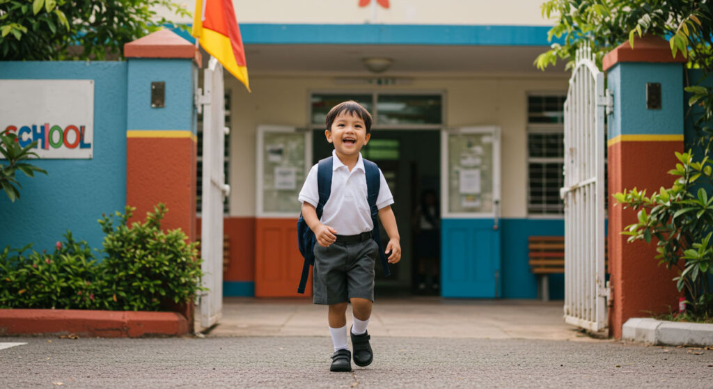 Kanak-kanak 5 tahun gembira pergi ke sekolah dengan memakai uniform dan beg