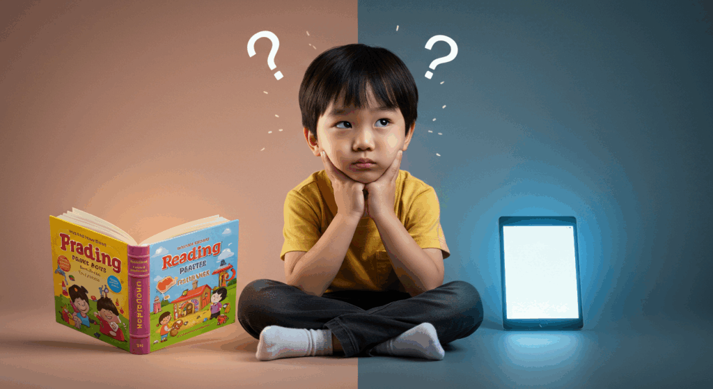 Kanak-kanak berfikir sambil melihat pilihan antara buku dan gajet di atas meja.