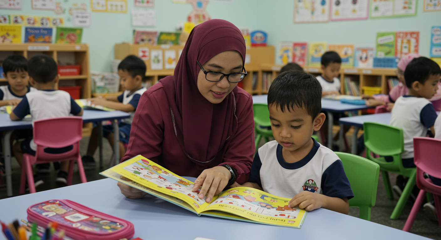 Seorang ibu mencatat kemajuan membaca anak di meja belajar sambil anak membaca buku
