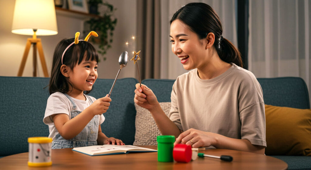 Ibu dan anak bercerita sambil menggunakan sudu sebagai tongkat ajaib di ruang tamu.
