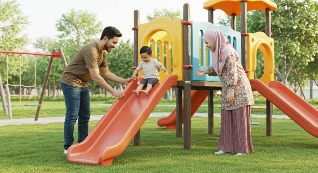 Ibu dan bapa Melayu bermain bersama anak di taman permainan dengan suasana ceria