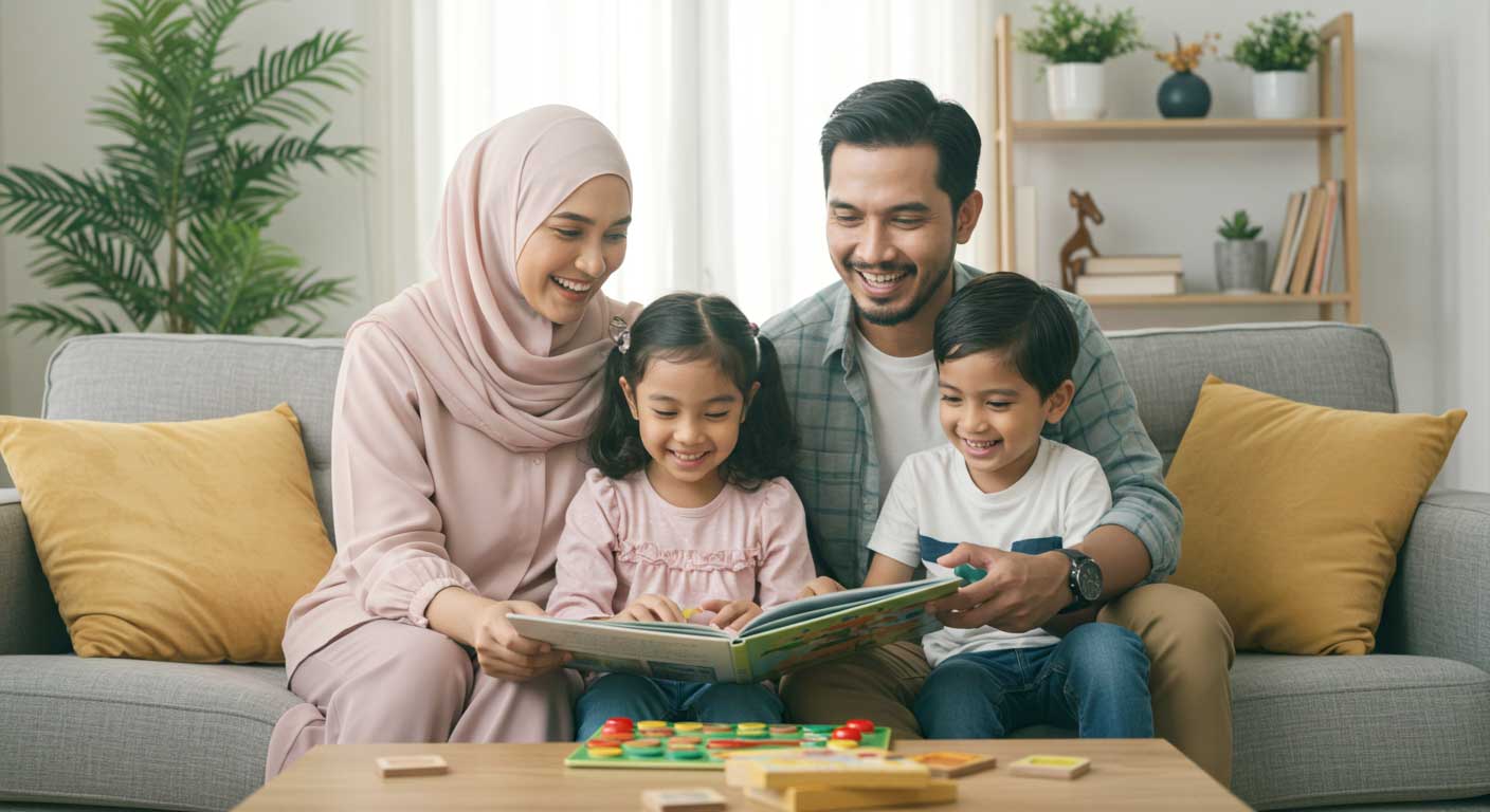 Ibu bapa bersama dua anak duduk di sofa sambil tersenyum dan membaca buku bersama di ruang tamu yang cerah.
