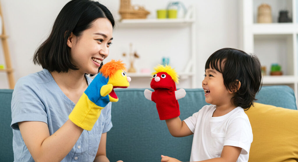 Ibu dan anak bermain puppet sambil berbual dengan ceria di ruang tamu