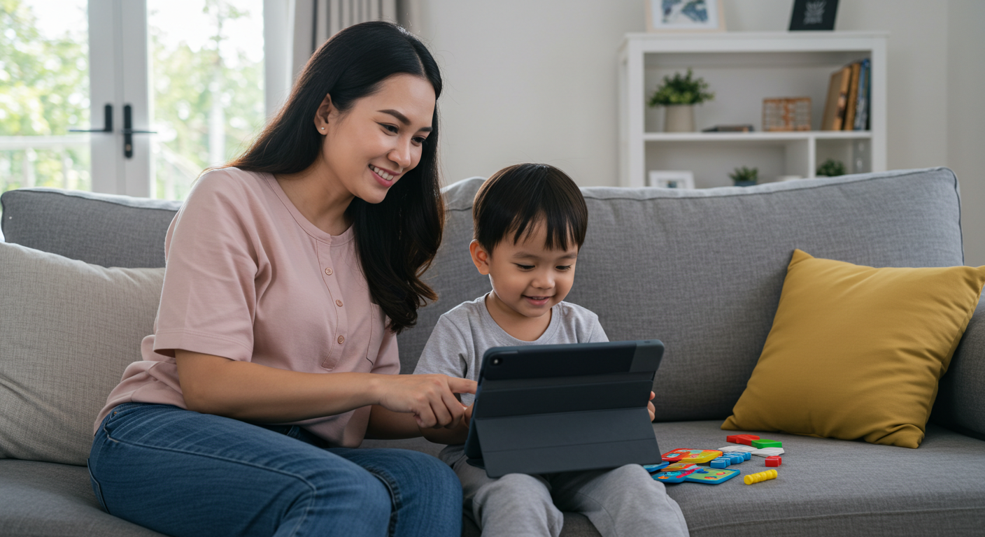 Ibu melihat anak menggunakan aplikasi pendidikan di tablet di ruang tamu ceria