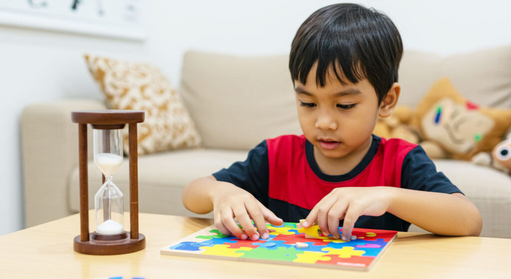 Kanak-kanak fokus bermain susun puzzle dengan jam pasir di atas meja.