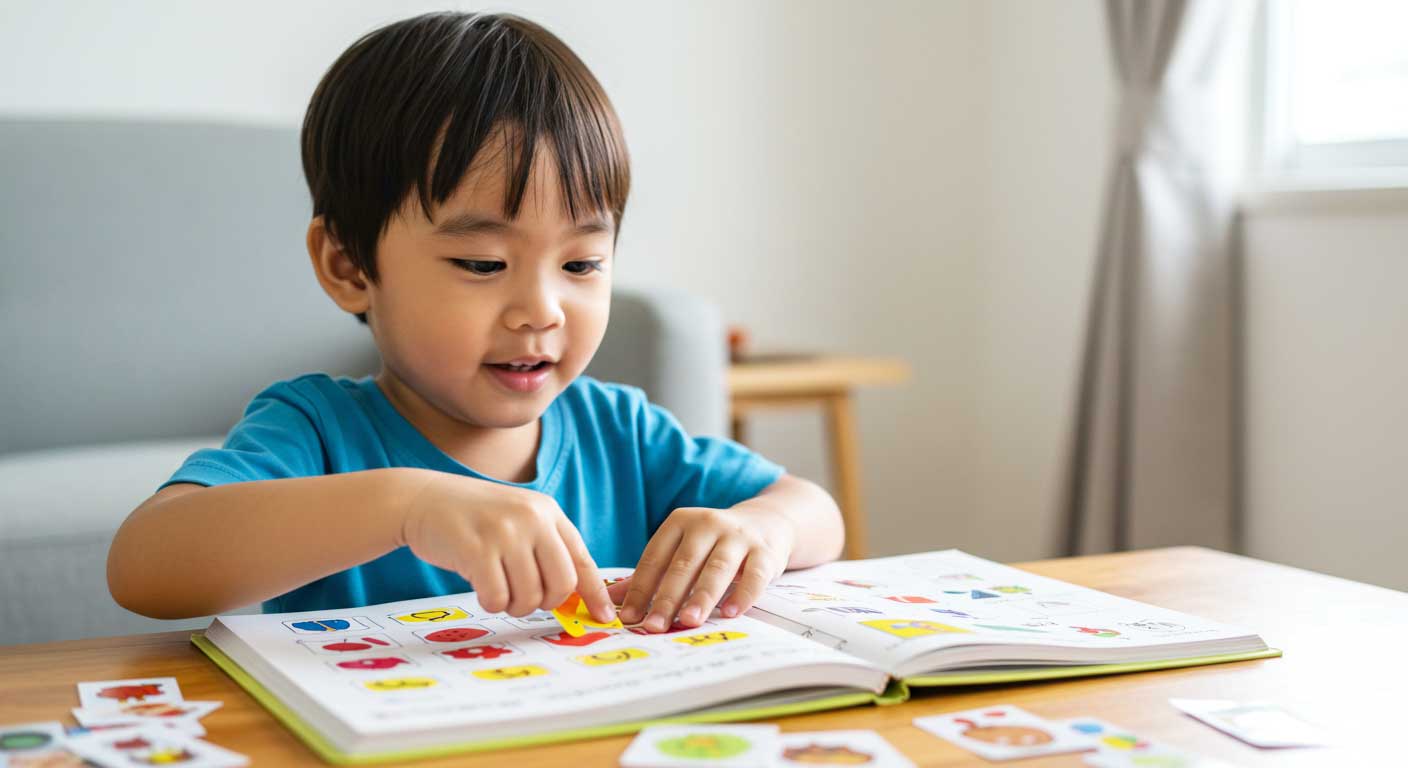 Kanak-kanak seronok menampal pelekat berwarna di dalam buku di rumah.