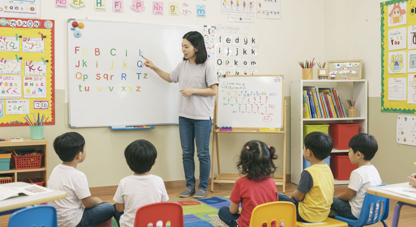 Guru tadika mengajar alphabet kepada kanak-kanak di dalam kelas ceria.