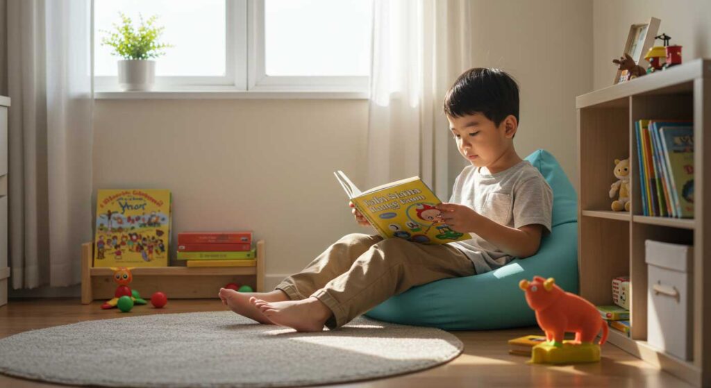 Seorang budak Melayu sedang membaca buku di sudut bacaan rumah yang kemas dan tenang.
