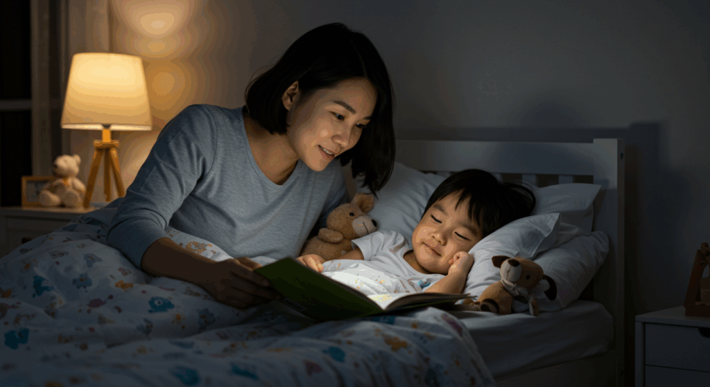 Ibu membacakan buku cerita untuk anak sebelum tidur dengan suasana tenang.