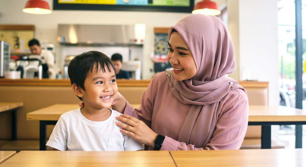 Ibu bangga menepuk bahu anak dengan penuh kasih sayang di kedai makan ceria.