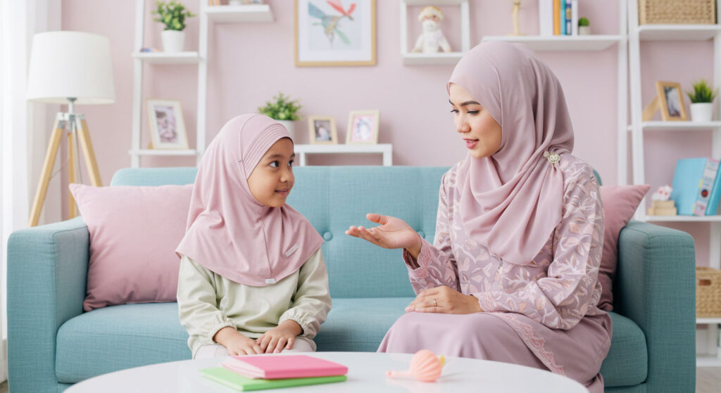 Ibu Melayu menasihati anak perempuannya berusia 5 tahun yang memakai pakaian pastel dan hijab moden