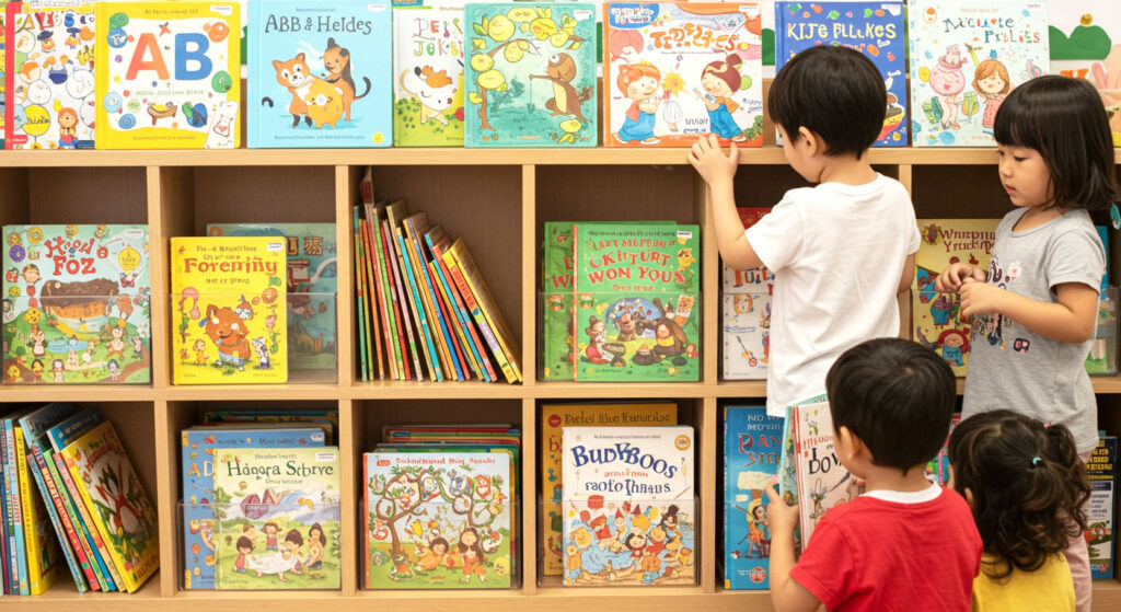 Rak buku tadika penuh dengan buku abjad, buku bergambar, dan buku cerita, kanak-kanak memilih buku dengan gembira.