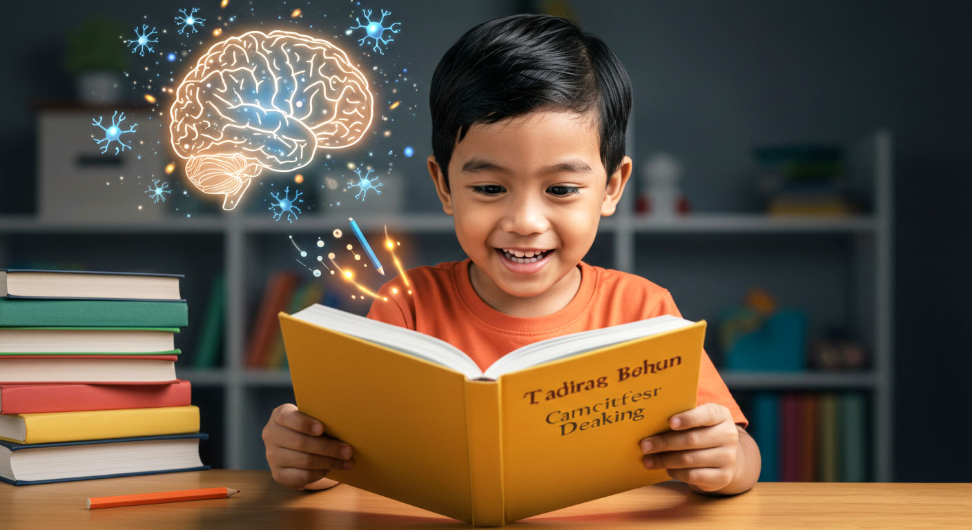 Kanak-kanak ceria sedang membaca buku berwarna-warni dengan ilustrasi otak bercahaya, melambangkan perkembangan otak sejak kecil.