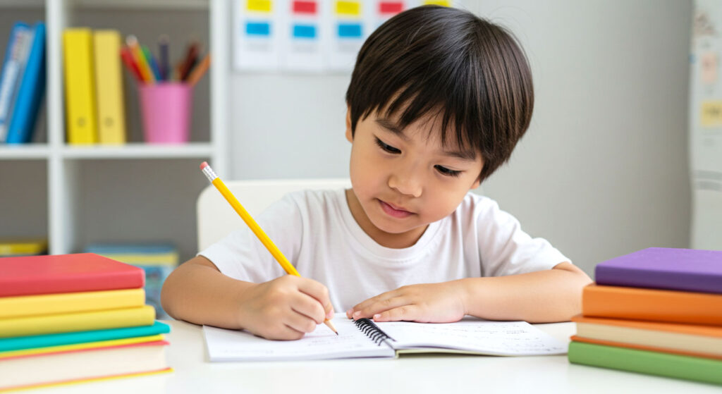 Seorang anak lelaki berumur 5 tahun sedang menulis di buku latihan di atas meja belajar dengan penuh fokus.