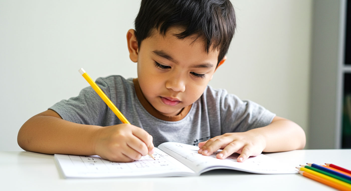 Anak berumur 6–7 tahun sedang menulis dan mengeja perkataan mudah di dalam buku latihan dengan penuh tumpuan