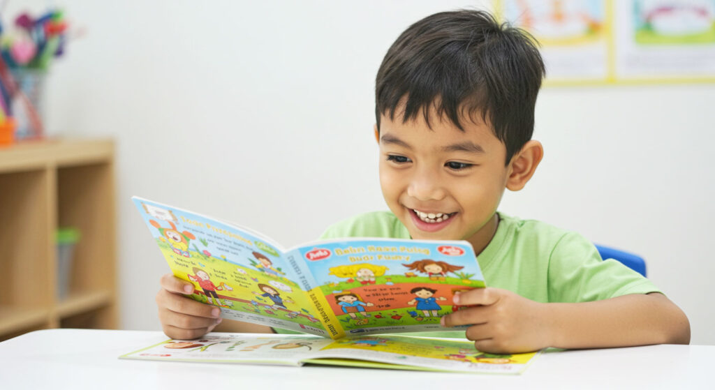 Anak 6–7 tahun membaca buku bergambar dengan perenggan kecil membantu anak membaca dan memahami mesej lebih jelas.