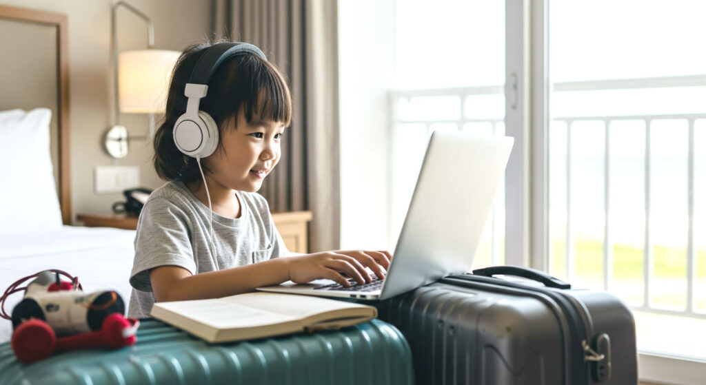 Anak sedang belajar online di hotel semasa bercuti dengan suasana ceria.
