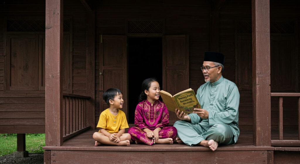 A child sitting with grandparents on a traditional Malay wooden house veranda, listening to a folktale “Bawang Putih Bawang Merah.”