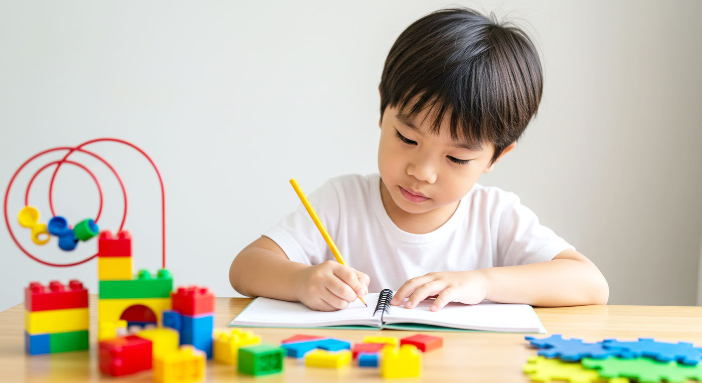 Anak 6–7 tahun menulis di meja belajar sambil dikelilingi mainan, menunjukkan cara seimbangkan masa belajar dan bermain.