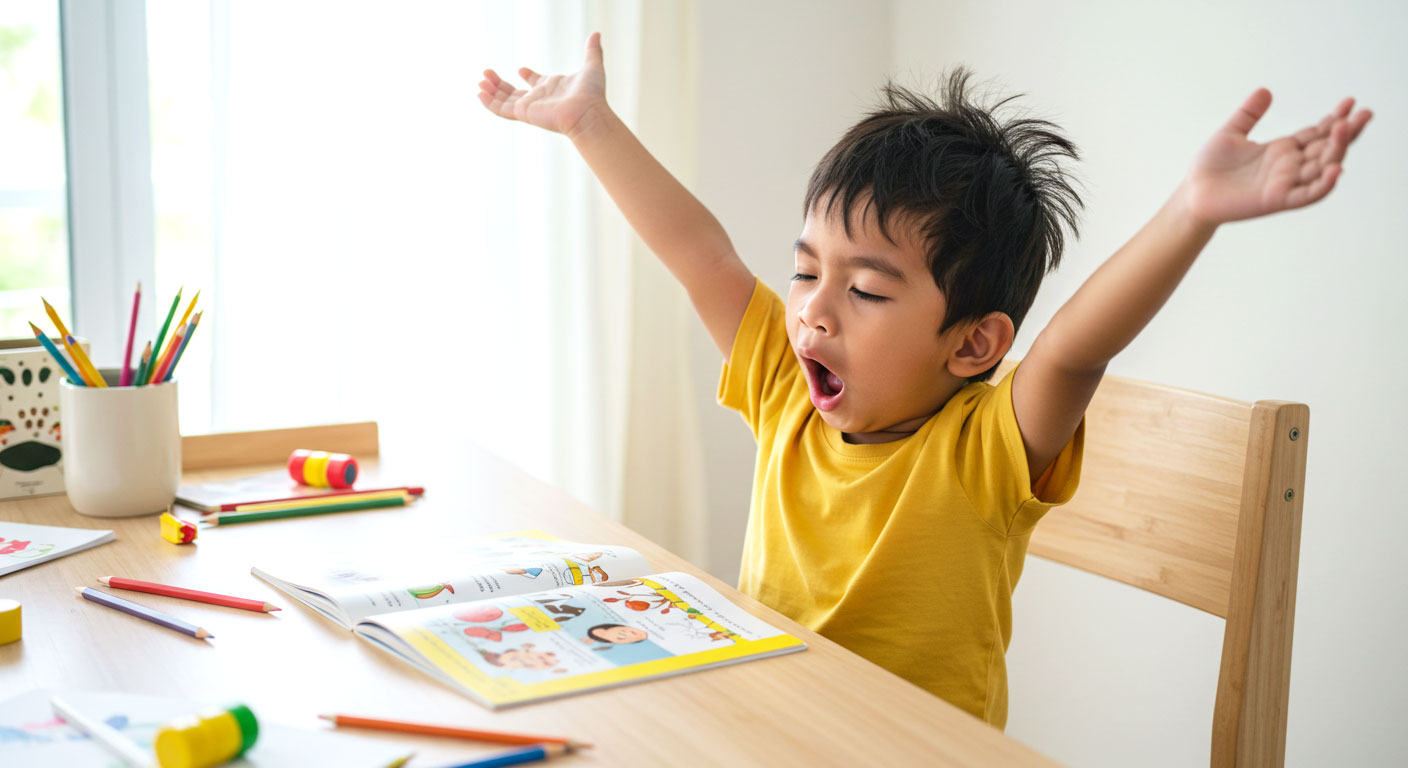 Anak 6–7 tahun berehat selepas membaca lama, atasi anak letih membaca dengan rehat singkat.