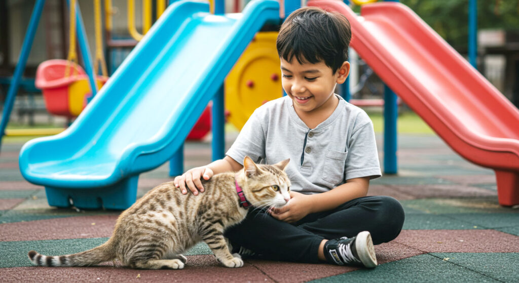 Anak kecil bermain dengan kucing di taman permainan sambil tersenyum ceria, menunjukkan keriangan anak bermain dengan kucing.
