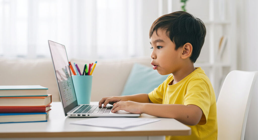 Anak ceria mengikuti kelas online sambil membuat mimik muka lucu di depan laptop.