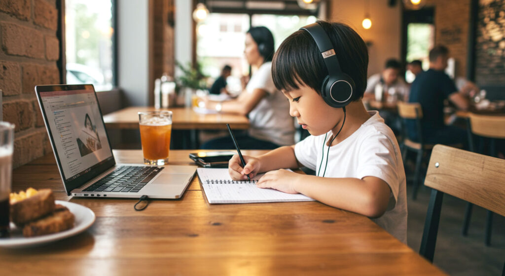 Anak sedang mengikuti kelas online menggunakan laptop di kedai makan, fokus dengan headphone dan buku nota.