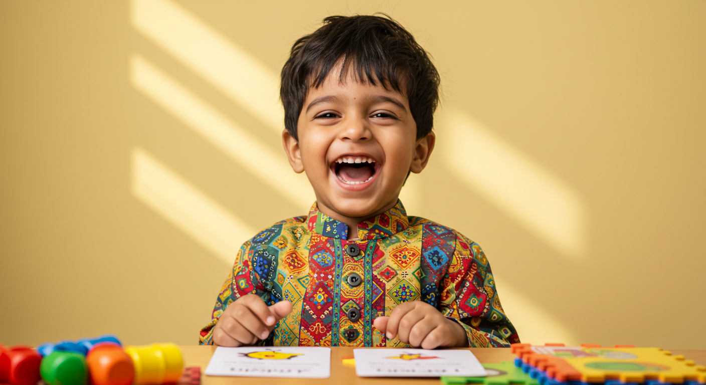 Seorang anak India ceria sedang membaca sambil bermain kad imbas dan teka-teki, ketawa gembira dalam suasana pembelajaran menyeronokkan.