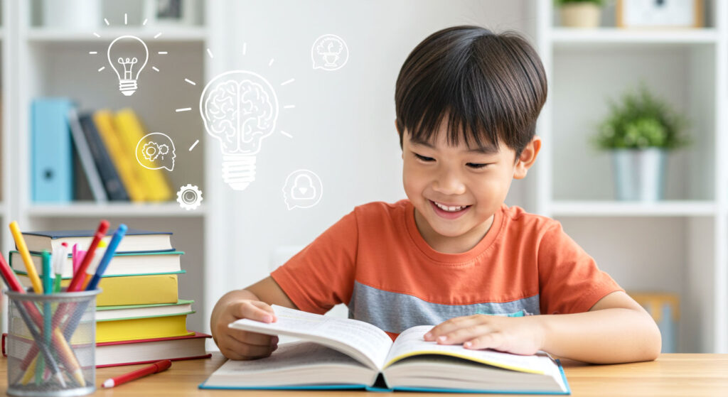 Kanak-kanak sedang membaca dengan fokus di meja belajar, suasana cerah dan kemas melambangkan ingatan serta tumpuan yang lebih baik.