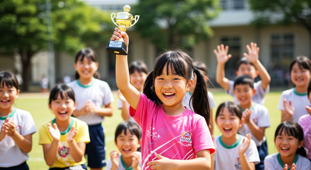 Kanak-kanak ceria mengangkat trofi kecil selepas menang acara sukan sekolah, dikelilingi rakan yang bersorak gembira.